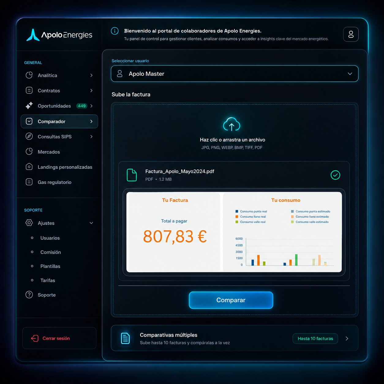 Mockup plataforma comparador de ahorro en facturas energéticas